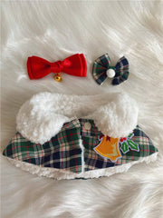 Christmas pet cat shawl cloak with bell and hairpin featuring plaid pattern and soft white fleece lining